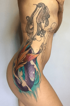 Adding color to my mermaid tattoo. Should be completed with one more session. Tattooed and designed by the talented Josh Keyser at Revolution Ink in Pelham, AL. #mermaid #skull #mermaidtattoo #neotraditional  #siren 