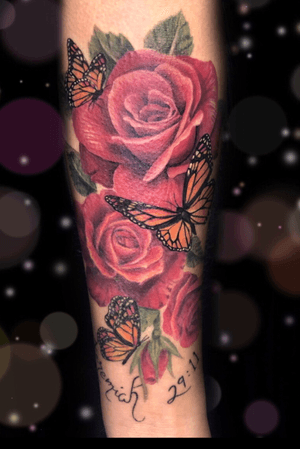 Red roses and monarch butterflies tattoo 