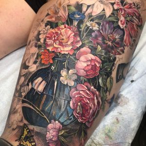 Tattoo by Stephanie Brown #StephanieBrown #besttattoos #best #flowers #floral #painterly #Dutchmasters #painting #fineart #peony #daisy #magnolia #vase #realistic #butterfly