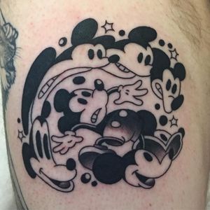 Tattoo by Joel Melrose #joelmelrose #besttattoos #best #blackandgrey #mickeymouse #surreal #psychedelic #stars #cartoon #oldschool #vintage #trippy #disney