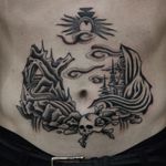 Tattoo by Franco Maldonado #FrancoMaldonado #besttattoos #best #illustrative #darkart #blackandgrey #castle #landscape #surreal #skull #death #sun #moon