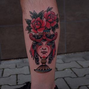 Tattoo by Andrei Vintikov #AndreiVintikov #besttattoos #best #color #traditional #vase #portrait #lady #ladyhead #rose #flowers #floral