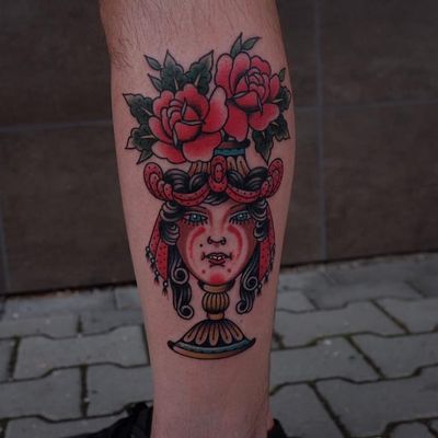 Tattoo by Andrei Vintikov #AndreiVintikov #besttattoos #best #color #traditional #vase #portrait #lady #ladyhead #rose #flowers #floral