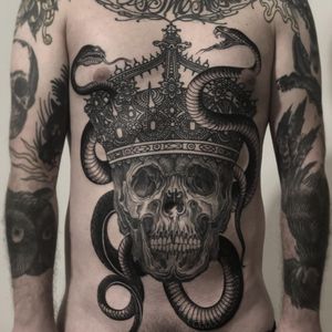 Tattoo by Alexander Grim #AlexanderGrim #besttattoos #best #blackandgrey #skull #death #crown #snake #serpent #illustrative #darkart