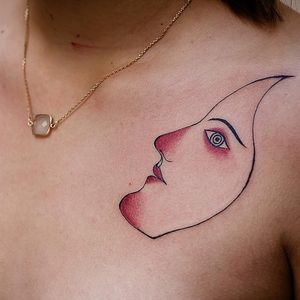 Tattoo by Vincent Denis #VincentDenis #besttattoos #best #illustrative #portrait #lady #ladyhead #trippy #surreal #redink #noh #mask