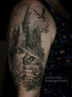 #harrypotter #harrypottertattoo  #hogwarts #owl #greathornedowl #literarytattoo #ravenclaw #jkrowling #blackandgrey #realism 