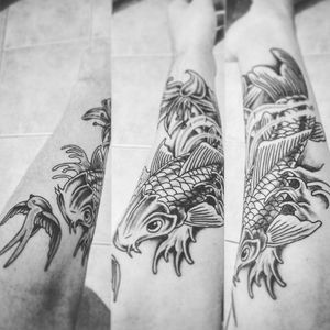 Start of sleeve don't know what to add next ideas people?? #blackandgreytattoo #koifish #koicarp #carp #swallow #flowerstattoo #flowers 