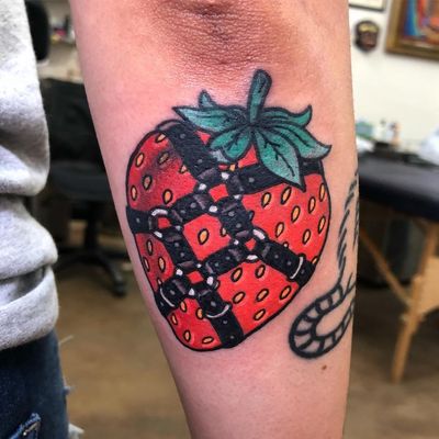 Tattoo by Christina Hock #ChristinaHock #kinkytattoos #kinktattoos #kink #kinky #bdsm #leather #fetish #queer #empower #love #consent #strawberry #fruit #food #funny