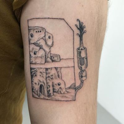 Tattoo by Jackson Epstein #JacksonEpstein #blackwork #dotwork #linework #illustrative #comicbook #fineart #landscape #building #architecture #surreal