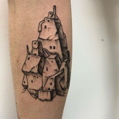 Tattoo by Jackson Epstein #JacksonEpstein #blackwork #dotwork #linework #illustrative #comicbook #fineart #landscape #building #architecture #surreal