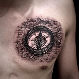 Tattoo by Kiljun #Kiljun #blackandgreyrealismtattoos #blackandgreyrealism #blackandgrey #realism #hyperrealism #realistic #compass #map #travel