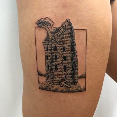 Tattoo by Jackson Epstein #JacksonEpstein #blackwork #dotwork #linework #illustrative #comicbook #fineart #landscape #building #architecture #surreal