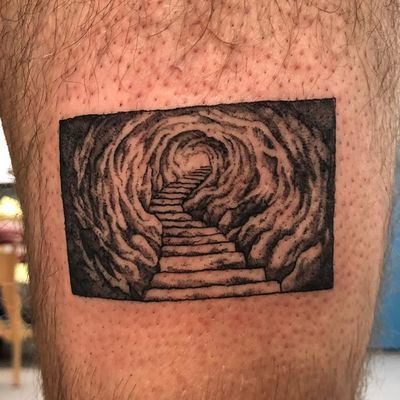 Tattoo by Jackson Epstein #JacksonEpstein #blackwork #dotwork #linework #illustrative #comicbook #fineart #landscape #building #architecture #surreal