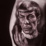 Tattoo by Ralf Nonnweiler #RalfNonnweiler #blackandgreyrealismtattoos #blackandgreyrealism #blackandgrey #realism #hyperrealism #realistic #Spock #StarTrek #middlefinger #fuckyou #scifi