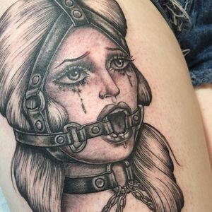 Tattoo by Tamara Santibanez #TamaraSantibanez #kinkytattoos #kinktattoos #kink #kinky #bdsm #leather #fetish #queer #empower #love #consent #babe #ballgag #chain #portrait #blackandgrey #Illustrative