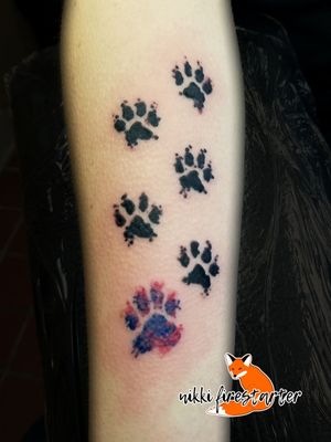 Who doesn't love some puppy prints? Here are some ink splatter/watercolor paw prints that I did during my apprenticeship (May 2018). nikkifirestarter.com#tattoo #bodyart #bodymod #ink #art #femaletattooer #femaleartist #femaletattooartist #femaletattooist #apprenticetattoo #mnartist #mntattoo #mntattooartist #mntattooist #visualart #bodyimage #watercolortattoo #inksplatter #inksplattertattoo #solidblack #blackink #colorink #colortattoo #blacktattoo #pawprints #puppyprint #dogprint #pawprinttattoo #sentimentaltattoo #memorialtattoo #meaningfultattoo #familytattoo