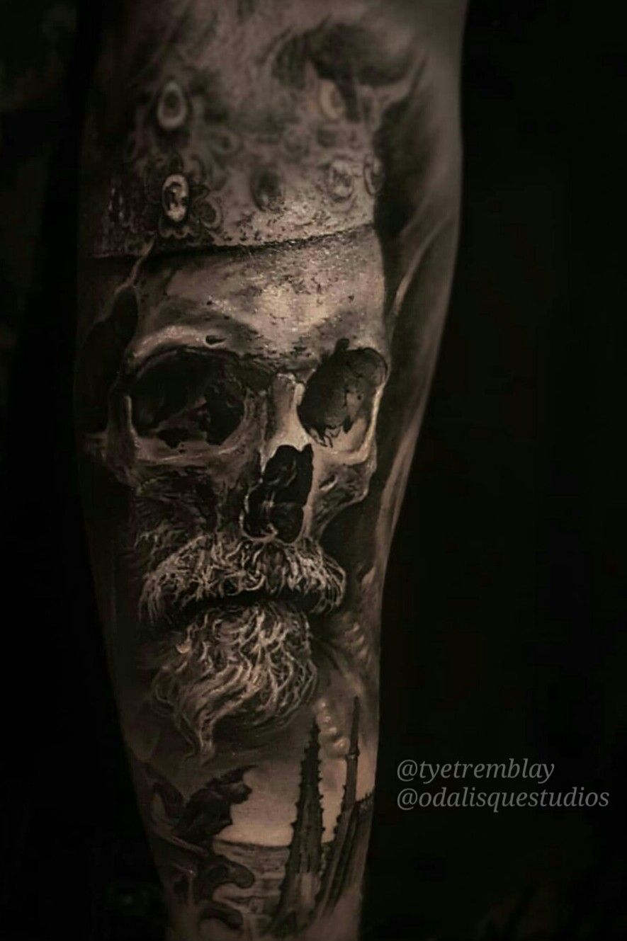 Tattoo uploaded by Odalisque Studios • #skull #king #beard #gargoyle  #blackandgrey #realism • Tattoodo