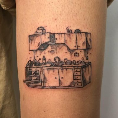 Tattoo by Jackson Epstein #JacksonEpstein #blackwork #dotwork #linework #illustrative #comicbook #fineart #landscape #building #architecture #surreal