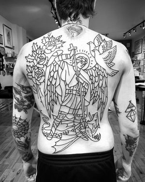 Tattoo by Christian Lanouette #ChristianLanouette #oldschool #illustrative #rose #dragon #StGeorge #dragon #blackwork #backpiece #dove #bird
