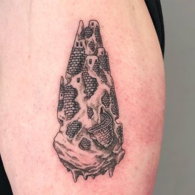 Tattoo by Jackson Epstein #JacksonEpstein #blackwork #dotwork #linework #illustrative #comicbook #fineart #landscape #building #architecture #surreal