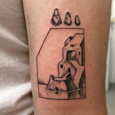 Tattoo by Jackson Epstein #JacksonEpstein #blackwork #dotwork #linework #illustrative #comicbook #fineart #landscape #building #architecture #surreal