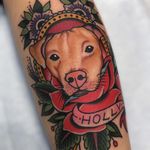 Tattoo by Matt Cannon #MattCannon #dogtattoos #dogtattoo #dog #animal #petportrait #mansbestfriend #color #traditional #banner #rose #flower #floral #memorial