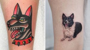 Tattoo on the left by Jason Ochoa and tattoo on the right by Nemo Tattoo #JasonOchoa #NemoTattoo #dogtattoos #dogtattoo #dog #animal #petportrait #mansbestfriend
