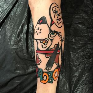 Tattoo by Matt Andersson #MattAndersson #dogtattoos #dogtattoo #dog #animal #petportrait #mansbestfriend #color #cartoon #oldschool #text #font #bold #popart