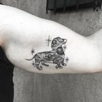 Tattoo by Marlon M Toney #MarlonMToney #dogtattoos #dogtattoo #dog #animal #petportrait #mansbestfriend #illustrative #linework #daschund #saturn #galaxy #space #stars