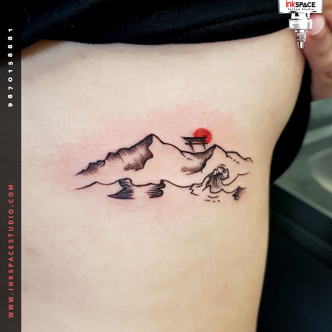 Small Mountains With Full Moon Tattoo On Side Rib