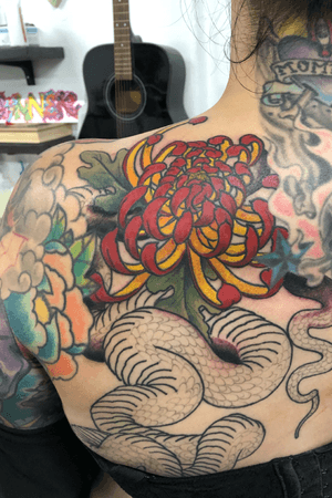 #Chrysanthemum #flower and #Snake. In progress #color #red #surrealism 
