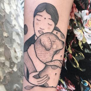 Tattoo by Ani des Aubes #AnidesAubes #dogtattoos #dogtattoo #dog #animal #petportrait #mansbestfriend #illustrative #folkart #linework #girl #love #friend #pattern