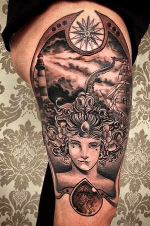 The Queen of Seven Seas #blackandgrey #bng #Artnouveau #lighthouse #ship #kraken #lady #clouds #tattoooftheday #tattooartist 