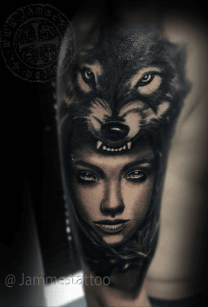 #Wolf and #girl by jammes #tattoos #realistic #woman  #blackandgrey #tattooartist #tattooart 