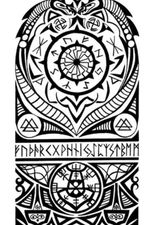 A design of nordic runes, valknuts, and the runic/mystical compass.