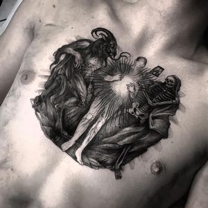Tattoo by Leny Tusfey #LenyTusfey #torsotattoos #torso #darkart #blackwork #illustrative #engraving #esoteric #skeleton #skull #reaper #death #hourglass #satan #devil #human #man #light