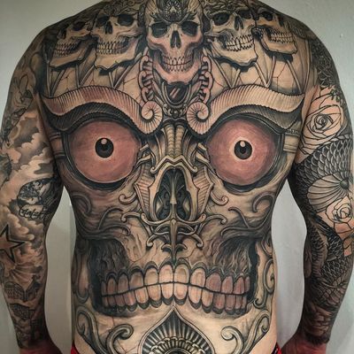 Tattoo by Hernan Chang #HernanChang #torsotattoos #torso #illustrative #blackandgrey #Tibetan #tibetanskull #death #ornamental