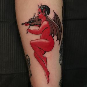 Tattoo by JS Klegka #JSKlegka #besttattoos #best #color #Illustrative #devil #demon #wings #violin #vintage