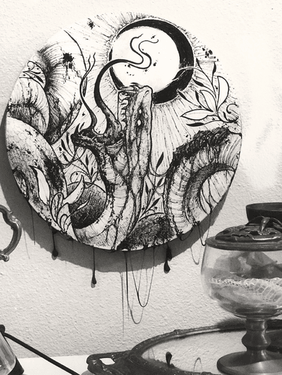 This piece will be for sale on November 3. It’s weird but I’ve never sold one of my original pieces besides tattoos. The thought of one of my actual drawings or paintings in someone else’s hands seems so strange to me. Is that weird? Idk what it is. #snake #penandink #tattooartist #drawing #canvas #moon #nature #darkart#blackwork #artnouveau #neotraditional #original #forsale #snaketattoo #atx #austin #dallas #houston #texas #artgallery