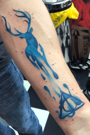 Harry Potter Patronys tattoo #watercolor #watercolour #harrypotter #patronus #deathlyhallows #forearm 