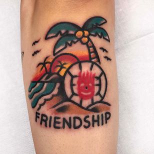 Tattoo by Needles Tattooing #NeedlesTattooing #movietattoos #movie #filmtattoo #film #color #traditional #castaway #wilson #volleyball #island #palmtrees #beach #ocean #venskab