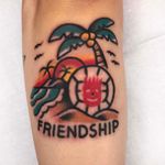 Tattoo by Needles Tattooing #NeedlesTattooing #movietattoos #movie #filmtattoo #film #color #traditional #castaway #wilson #volleyball #island #palmtrees #beach #ocean #friendship