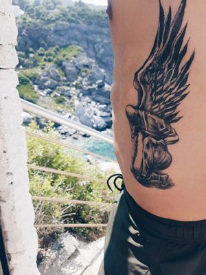 💀#angel #angeltattoo #AngelTattooArtOnSkin #fallingangel #tattoo #tattoos #warrior #wings #wingstattoo  #biashop #bishoprotary #dot #dottattoo #shadows #tattooart #tattoing #manwithtattoo #tattoed #tattooer 