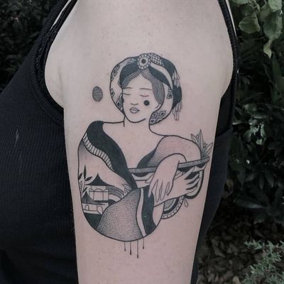 Tattoo by Ani Des Aubes #anidesaubes #besttattoos #best #blackwork #illustrative #portrait #lady #ladyhead #landscape #folkart