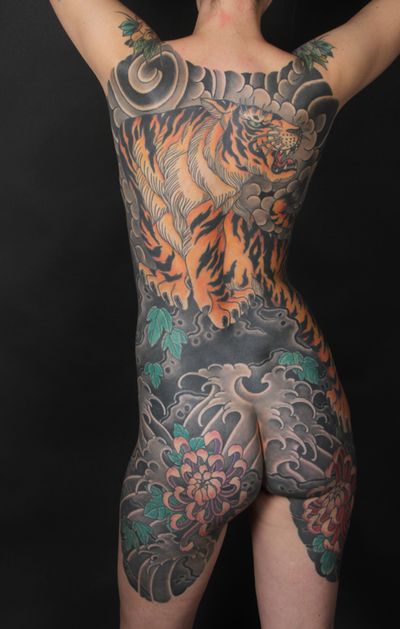 Japanese tiger tattoo by Daniel Cotte #DanielCotte #japanese #tiger #wave #chrysanthemum #clouds #backpiece