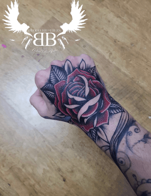 Custom Rose designed and tattooed by myself #rosetattoo #traditionaltattoo #handtattoo #customtattoo 