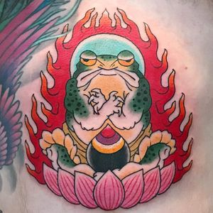 Tattoo by Junior #Junior #colortattoos #color #Japanese #frog #toad #fire #lotus #shell #tibetan #deity