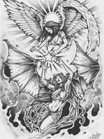 Back tattoo. Angel and devil women
