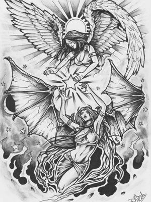 Back tattoo. Angel and devil women