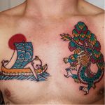 Tattoo by Boshka Grygoriew Alvy #boshkagrygoriewalvy #colortattoos #color #Japanese #traditional #boy #boat #ocean #clouds #dragon #tree